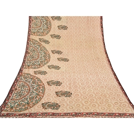Sanskriti Vintage Ivory Sarees 100% Pure Cotton Kalamkari Premium Sari Fabric, PS-58636