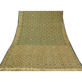 Sanskriti Vintage Green Sarees Pure Organza Silk Hand Beaded Woven Sari Fabric, PS-58468