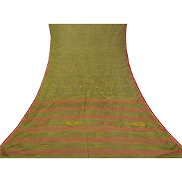 Sanskriti Vintage Green Sarees Pure Silk Hand-Woven Indian Tant Sari Fabric, PS-58383