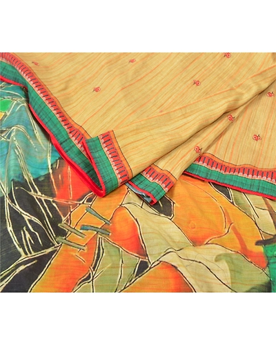 Sanskriti Vintage Cream Sarees Art Silk Human Printed Premium Sari 5 Yard Fabric, PS-57126-Cream-Printed Work-Art (Artificial) Silk-2