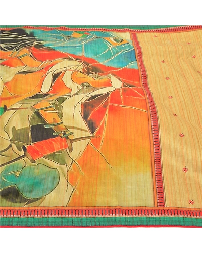 Sanskriti Vintage Cream Sarees Art Silk Human Printed Premium Sari 5 Yard Fabric, PS-57126-Cream-Printed Work-Art (Artificial) Silk-4