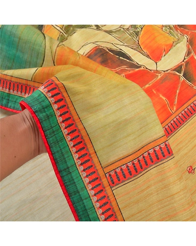Sanskriti Vintage Cream Sarees Art Silk Human Printed Premium Sari 5 Yard Fabric, PS-57126-Cream-Printed Work-Art (Artificial) Silk-5