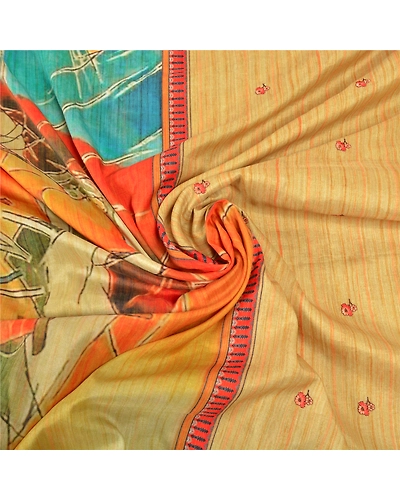 Sanskriti Vintage Cream Sarees Art Silk Human Printed Premium Sari 5 Yard Fabric, PS-57126-Cream-Printed Work-Art (Artificial) Silk-7
