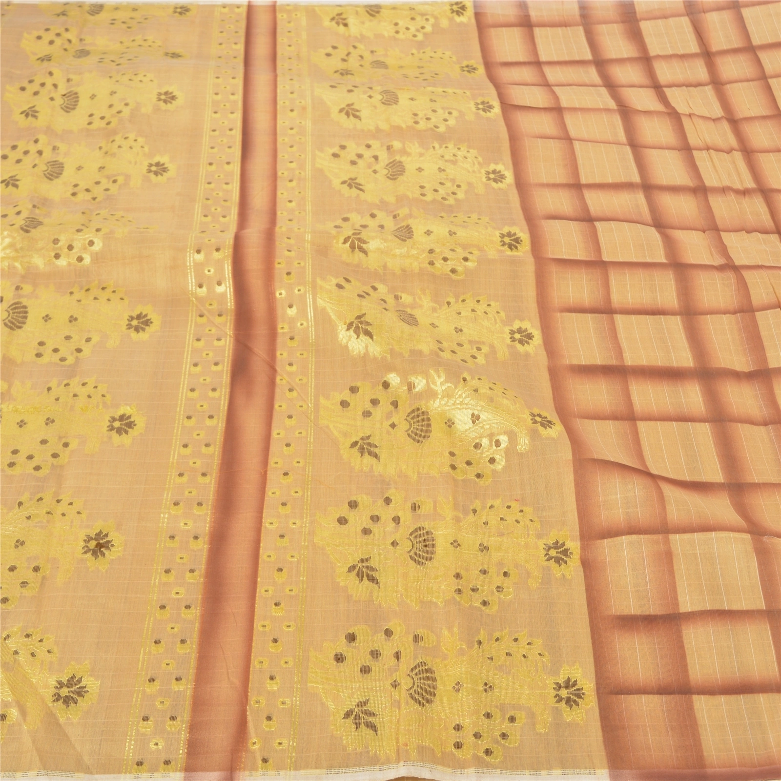 Sanskriti Vintage Beige Sarees 100% Pure Silk Handwoven Sari 5 Yard Fabric, PS-57134-Shade Of Beige &amp; Brown-Hand Woven Work-100% Pure Silk-3