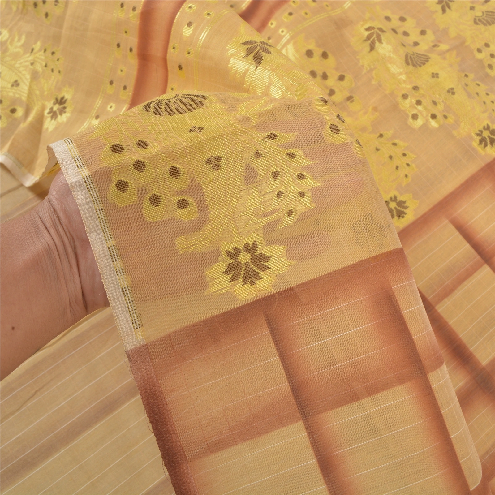 Sanskriti Vintage Beige Sarees 100% Pure Silk Handwoven Sari 5 Yard Fabric, PS-57134-Shade Of Beige &amp; Brown-Hand Woven Work-100% Pure Silk-4