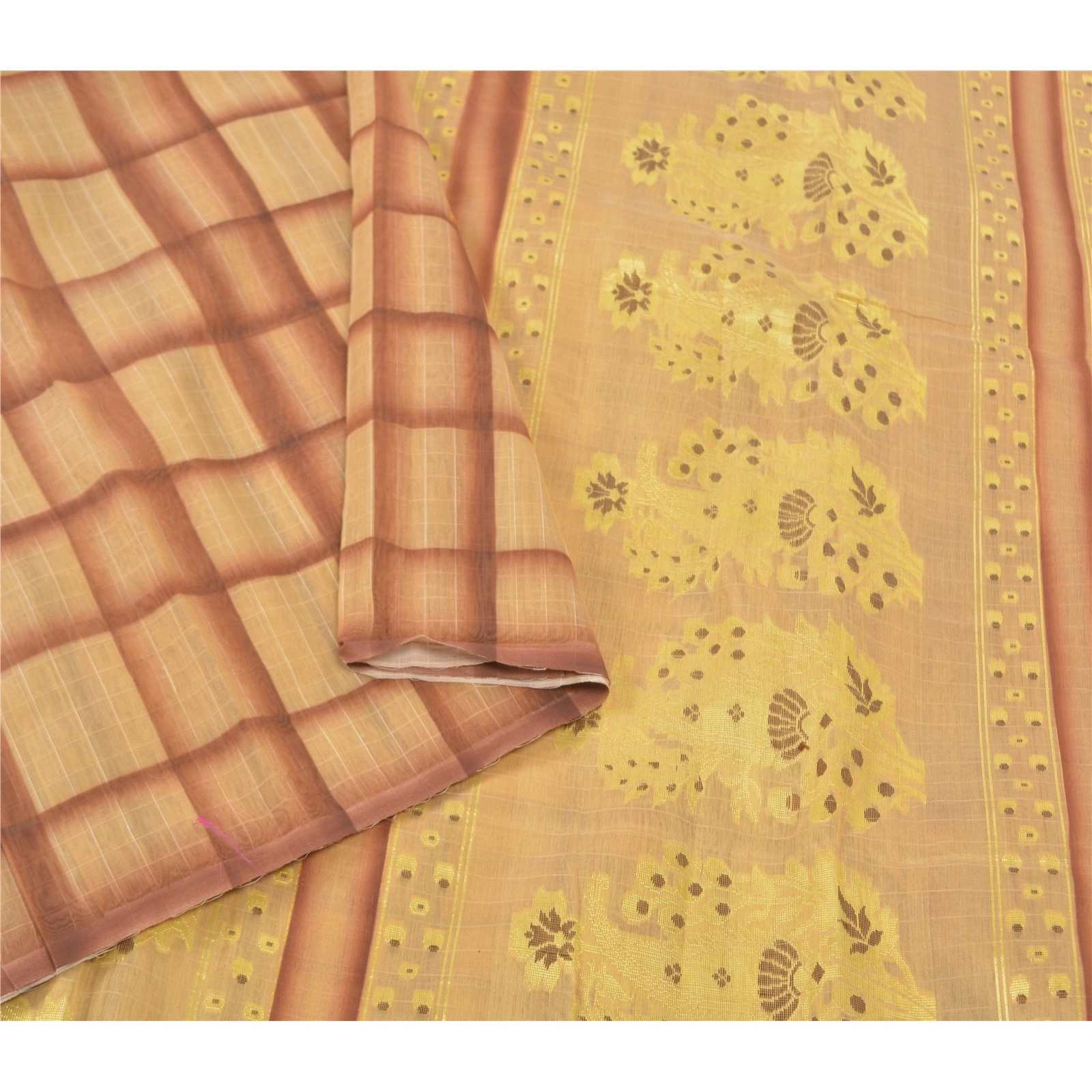 Sanskriti Vintage Beige Sarees 100% Pure Silk Handwoven Sari 5 Yard Fabric, PS-57134-Shade Of Beige &amp; Brown-Hand Woven Work-100% Pure Silk-9