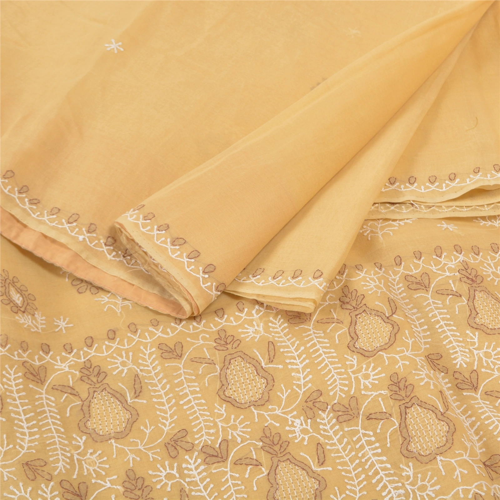 Sanskriti Vintage Cream Sarees Cotton Hand Embroidered Chikankari Sari Fabric, PS-57149-Cream-Thread Work-Cotton-2