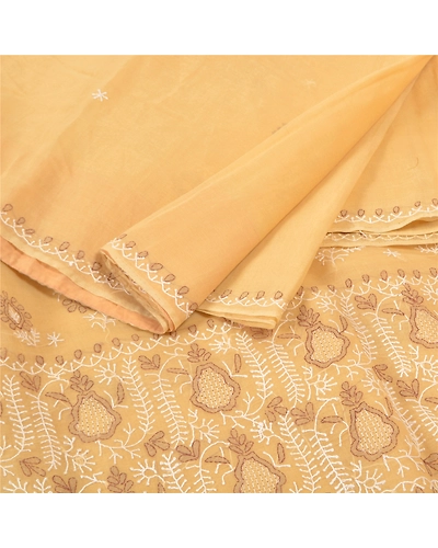 Sanskriti Vintage Cream Sarees Cotton Hand Embroidered Chikankari Sari Fabric, PS-57149-Cream-Thread Work-Cotton-2
