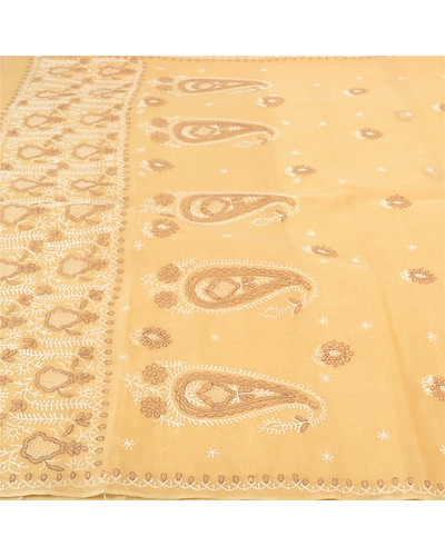 Sanskriti Vintage Cream Sarees Cotton Hand Embroidered Chikankari Sari Fabric, PS-57149-Cream-Thread Work-Cotton-4