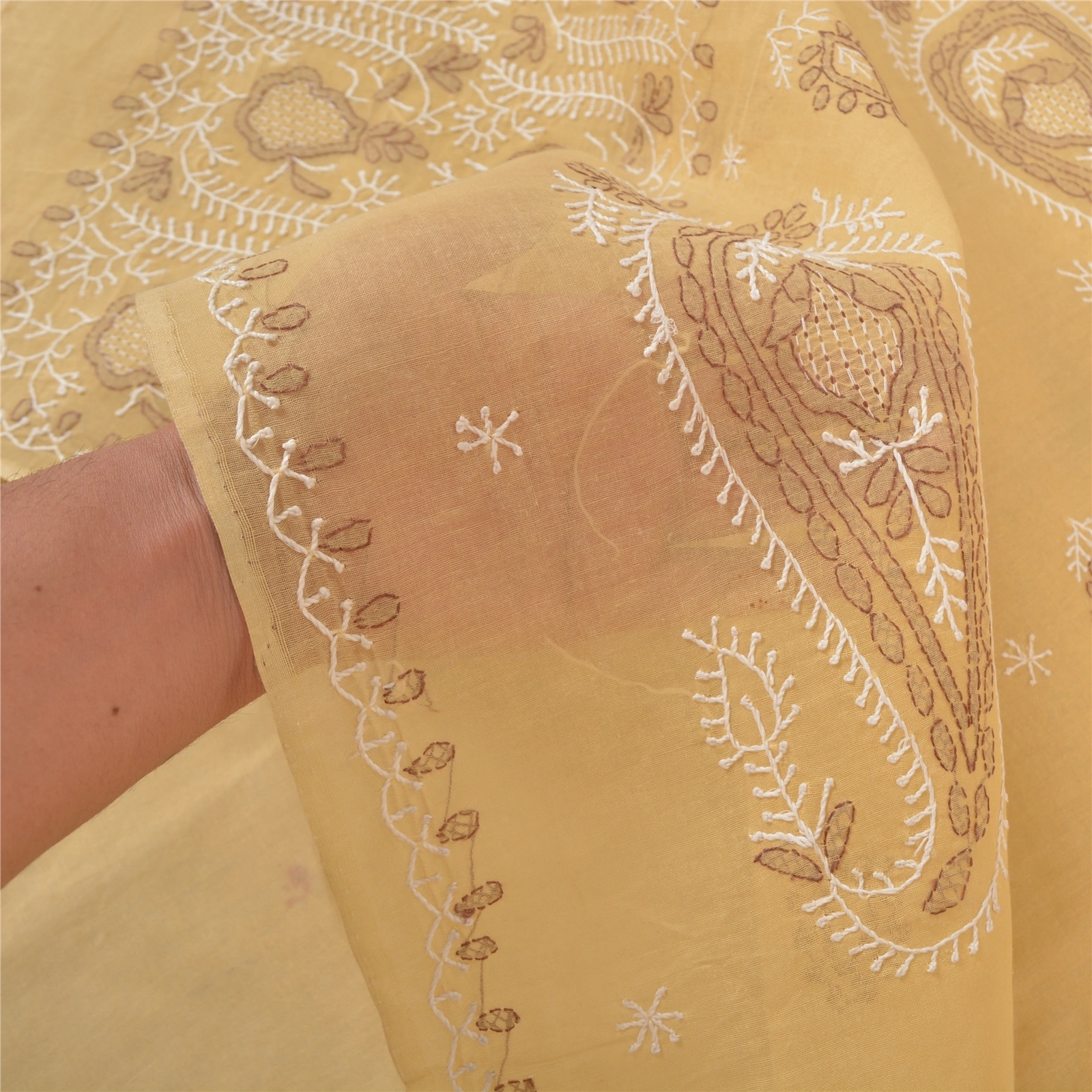 Sanskriti Vintage Cream Sarees Cotton Hand Embroidered Chikankari Sari Fabric, PS-57149-Cream-Thread Work-Cotton-5