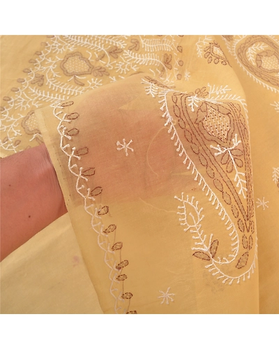 Sanskriti Vintage Cream Sarees Cotton Hand Embroidered Chikankari Sari Fabric, PS-57149-Cream-Thread Work-Cotton-5
