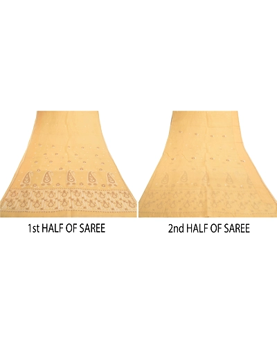 Sanskriti Vintage Cream Sarees Cotton Hand Embroidered Chikankari Sari Fabric, PS-57149-Cream-Thread Work-Cotton-6
