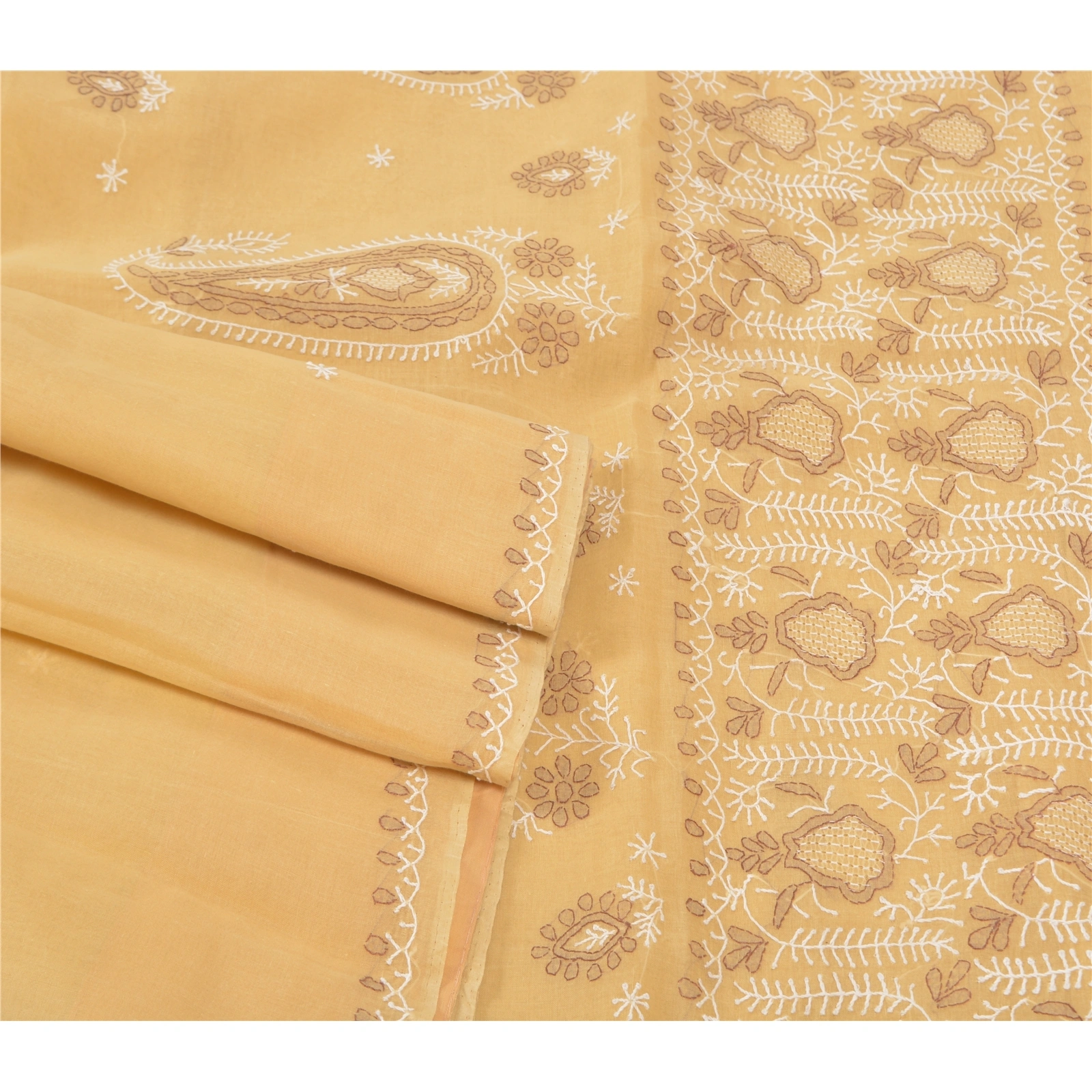 Sanskriti Vintage Cream Sarees Cotton Hand Embroidered Chikankari Sari Fabric, PS-57149-Cream-Thread Work-Cotton-8