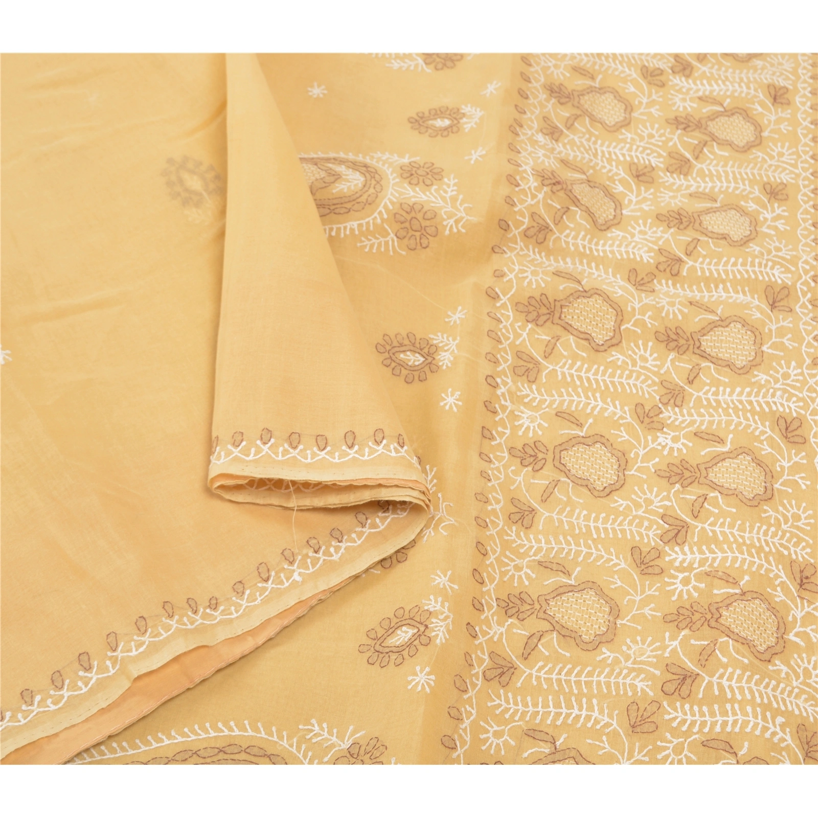 Sanskriti Vintage Cream Sarees Cotton Hand Embroidered Chikankari Sari Fabric, PS-57149-Cream-Thread Work-Cotton-10