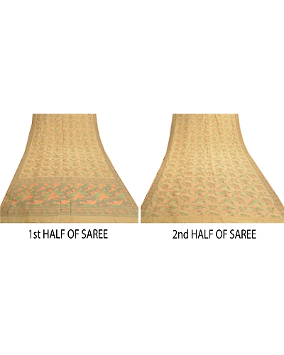 Sanskriti Vintage Cream Indian Sarees 100% Pure Silk Woven Sari Premium Fabric, PS-57153-Cream-Woven Work-100% Pure Silk-5