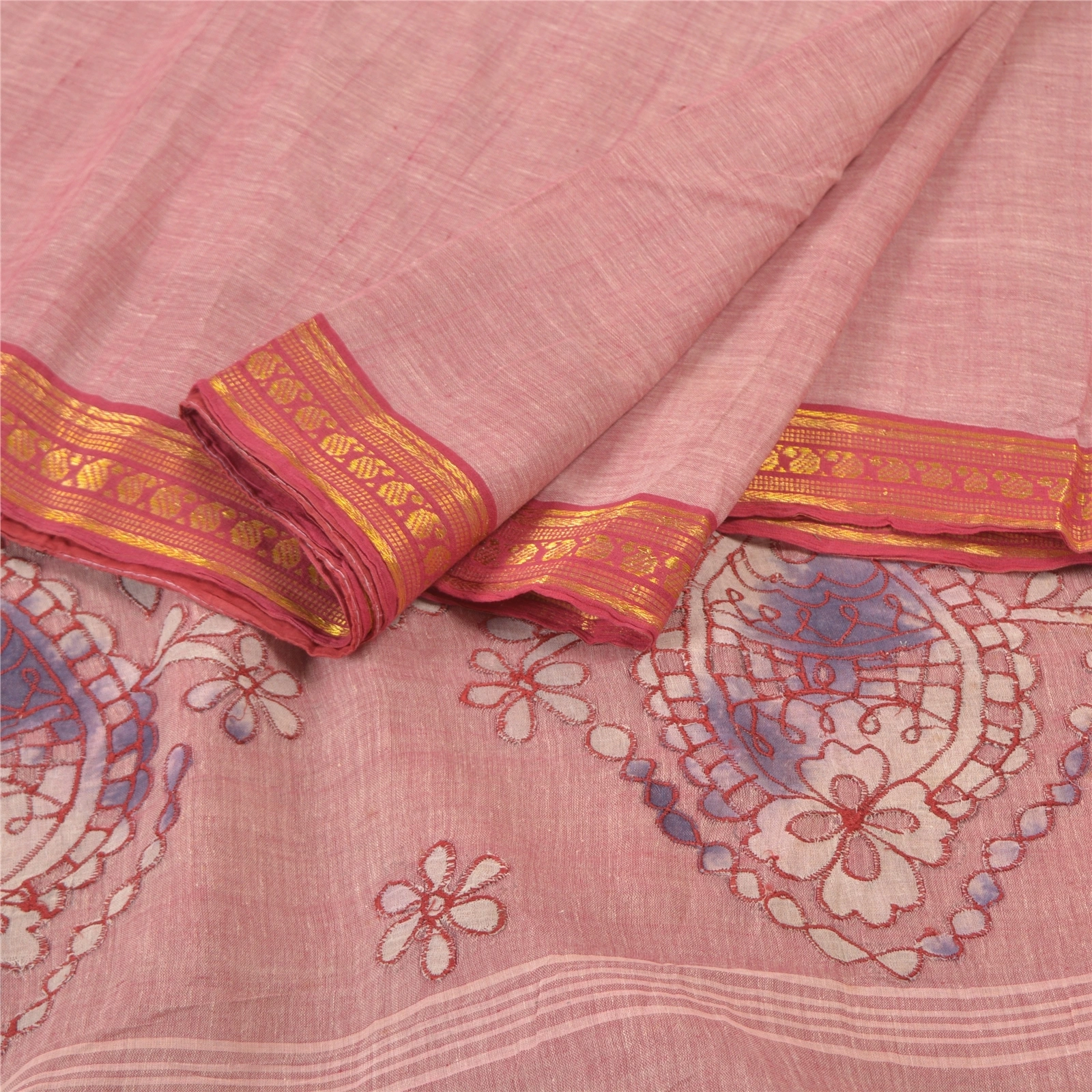 Sanskriti Vintage Pink Sarees Pure Cotton Embroidered Indian Sari Craft Fabric, PS-57172-Shade Of Pink-Thread Work-100% Pure Cotton-2