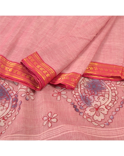 Sanskriti Vintage Pink Sarees Pure Cotton Embroidered Indian Sari Craft Fabric, PS-57172-Shade Of Pink-Thread Work-100% Pure Cotton-2