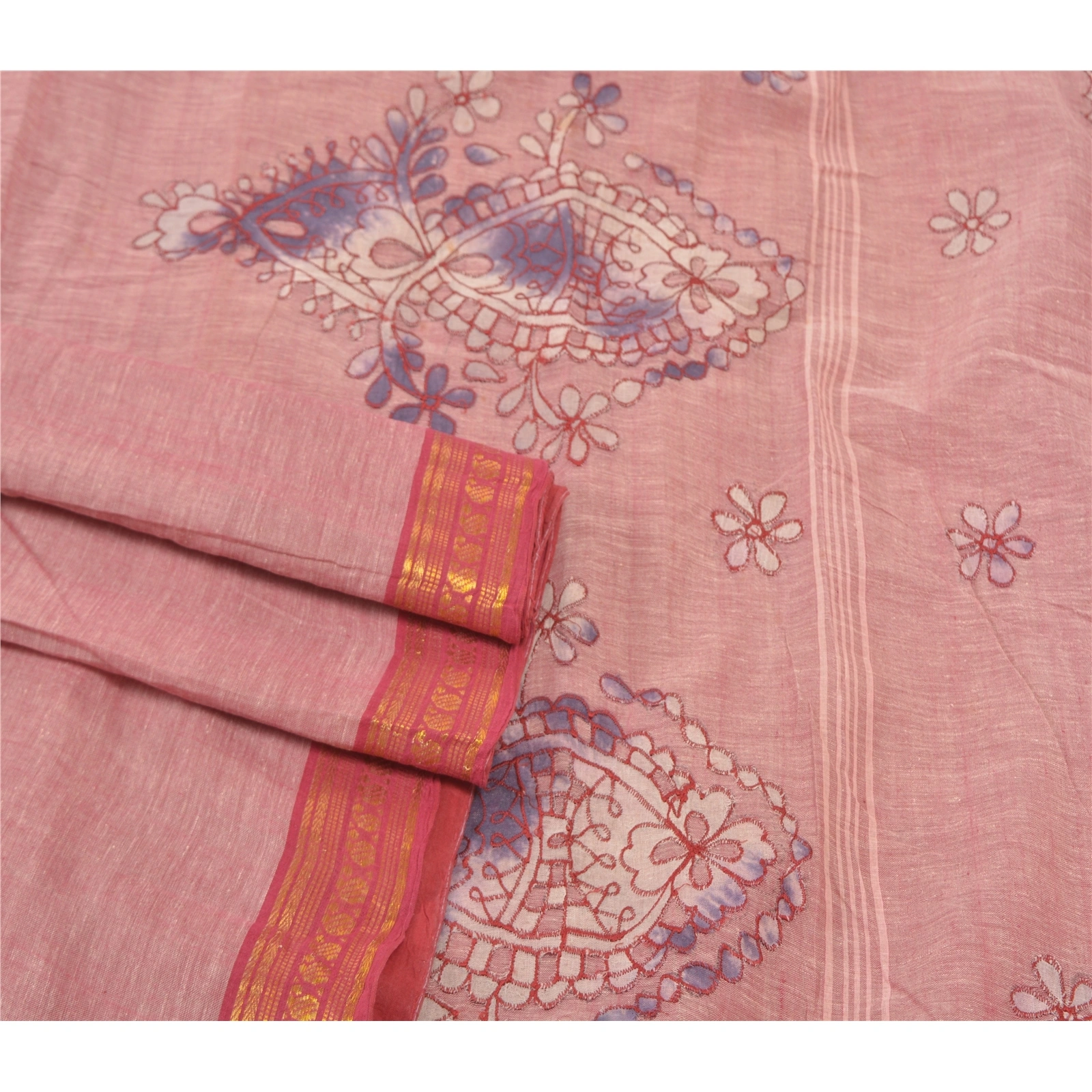 Sanskriti Vintage Pink Sarees Pure Cotton Embroidered Indian Sari Craft Fabric, PS-57172-Shade Of Pink-Thread Work-100% Pure Cotton-8