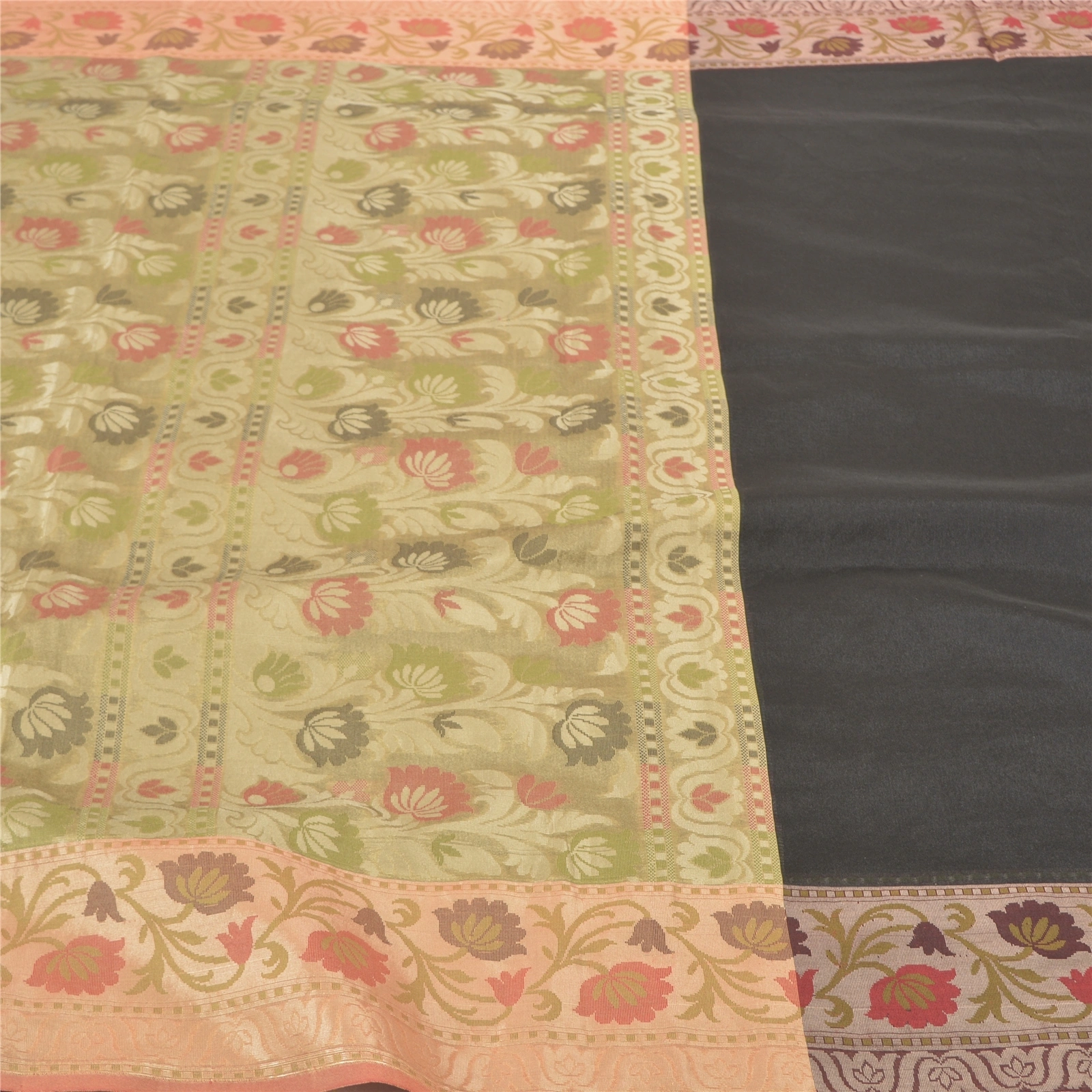 Sanskriti Vintage Black Sarees Cotton Woven Indian Premium Sari Craft Fabric, PS-57173-Black &amp; Beige-Woven Work-Cotton-4