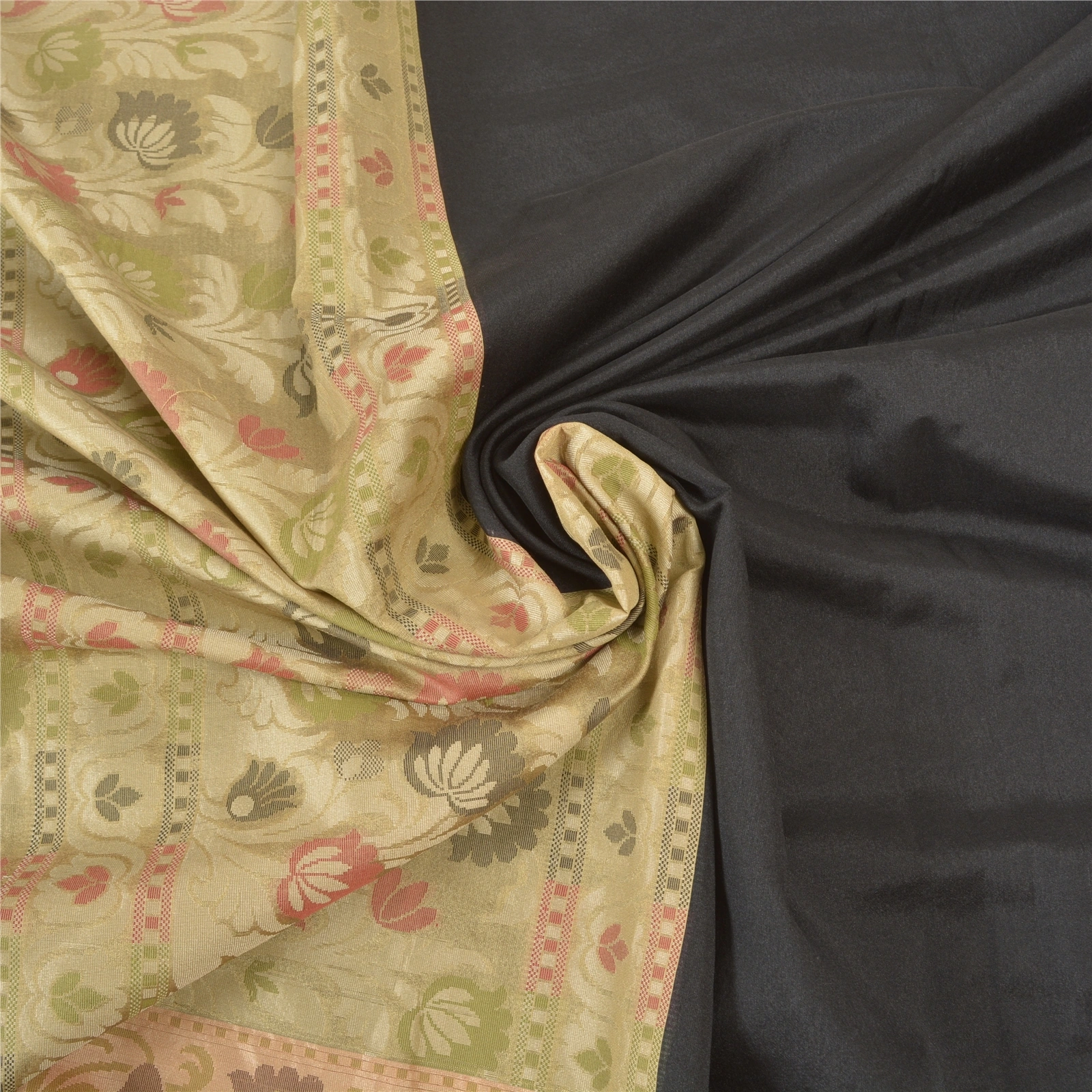 Sanskriti Vintage Black Sarees Cotton Woven Indian Premium Sari Craft Fabric, PS-57173-Black &amp; Beige-Woven Work-Cotton-7