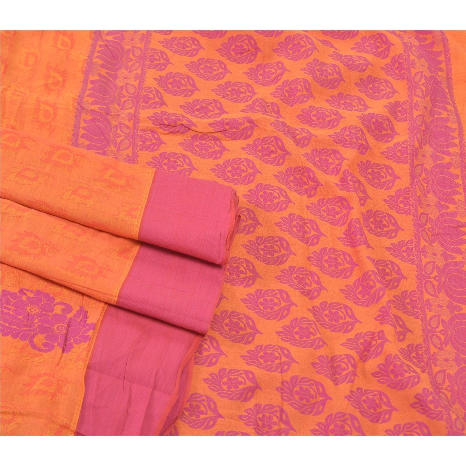 Sanskriti Vintage Orange Indian Sarees 100% Pure Cotton Woven Craft Sari Fabric, PS-57175-Orange-Woven Work-100% Pure Cotton-7