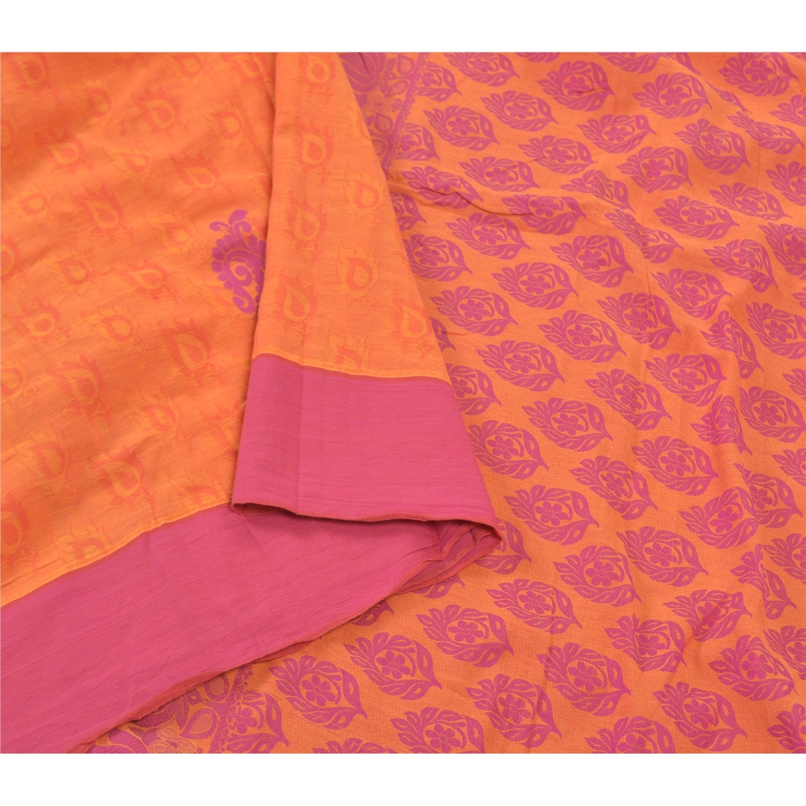 Sanskriti Vintage Orange Indian Sarees 100% Pure Cotton Woven Craft Sari Fabric, PS-57175-Orange-Woven Work-100% Pure Cotton-9