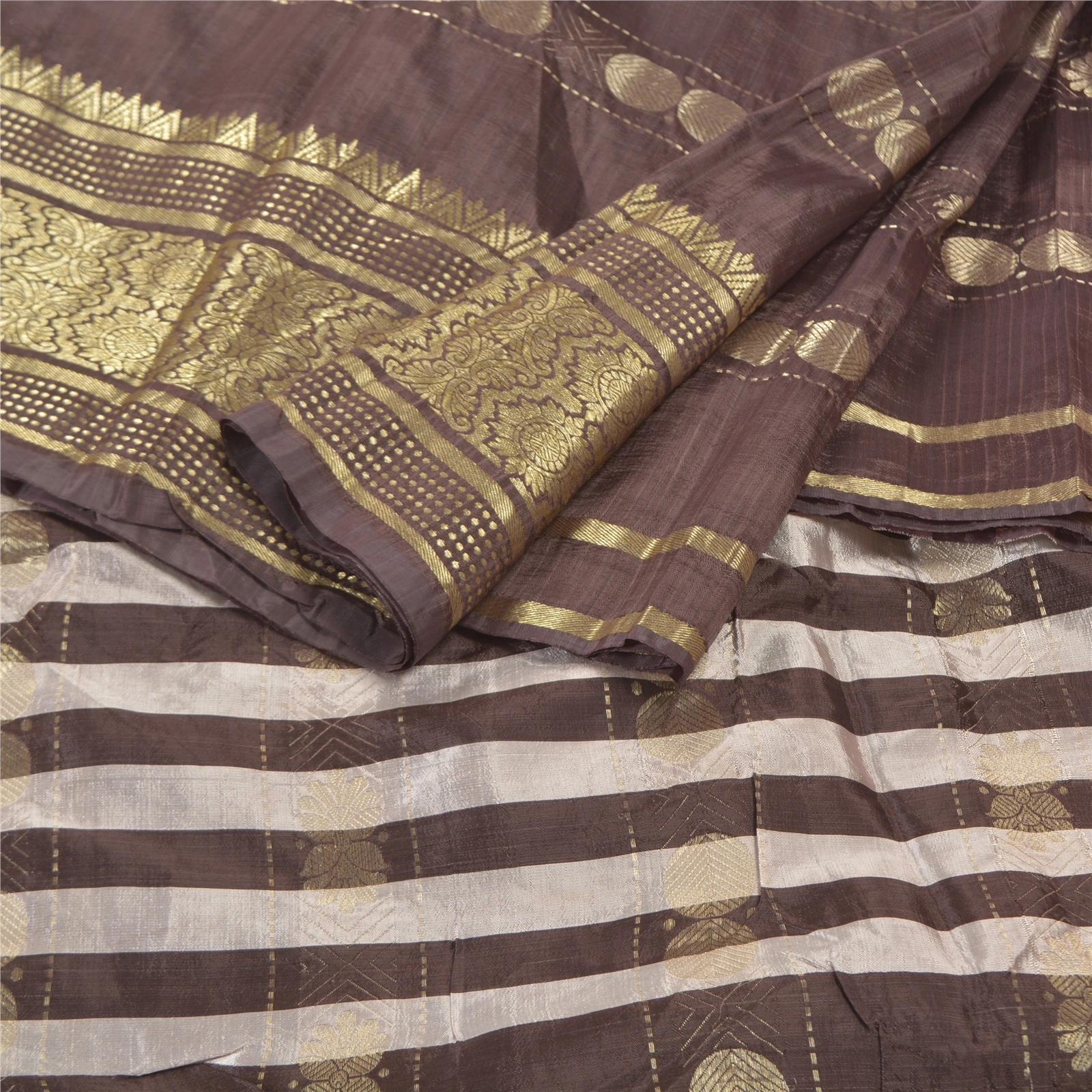 Sanskriti Vintage Brown Indian Sarees Art Silk Woven Zari Sari 5 Yard Fabric, PS-57178-Brown &amp; Cream-Zari Work-Art (Artificial) Silk-2