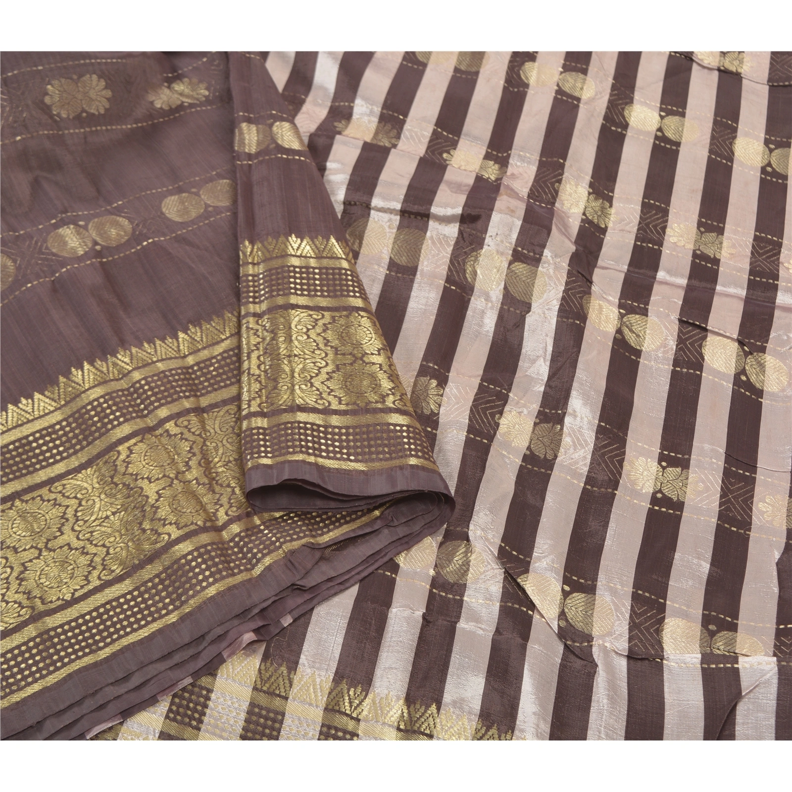 Sanskriti Vintage Brown Indian Sarees Art Silk Woven Zari Sari 5 Yard Fabric, PS-57178-Brown &amp; Cream-Zari Work-Art (Artificial) Silk-10