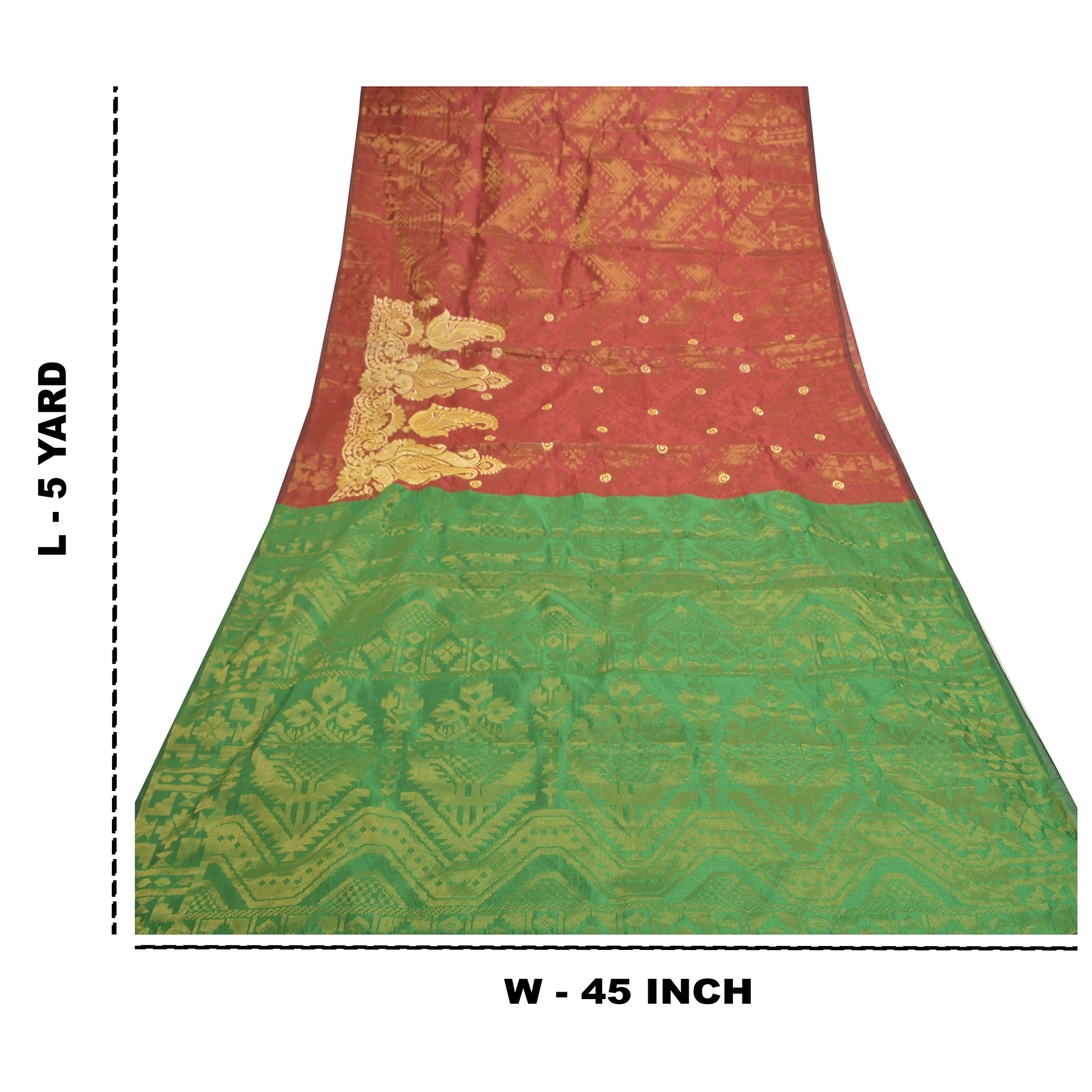 Sanskriti Vintage Red Sarees Art Silk Woven Brocade Dhakai Jamdani Sari Fabric, PS-57206-Shade Of Red &amp; Green-Hand Woven Work-Art (Artificial) Silk-1