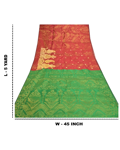 Sanskriti Vintage Red Sarees Art Silk Woven Brocade Dhakai Jamdani Sari Fabric, PS-57206-Shade Of Red &amp; Green-Hand Woven Work-Art (Artificial) Silk-1