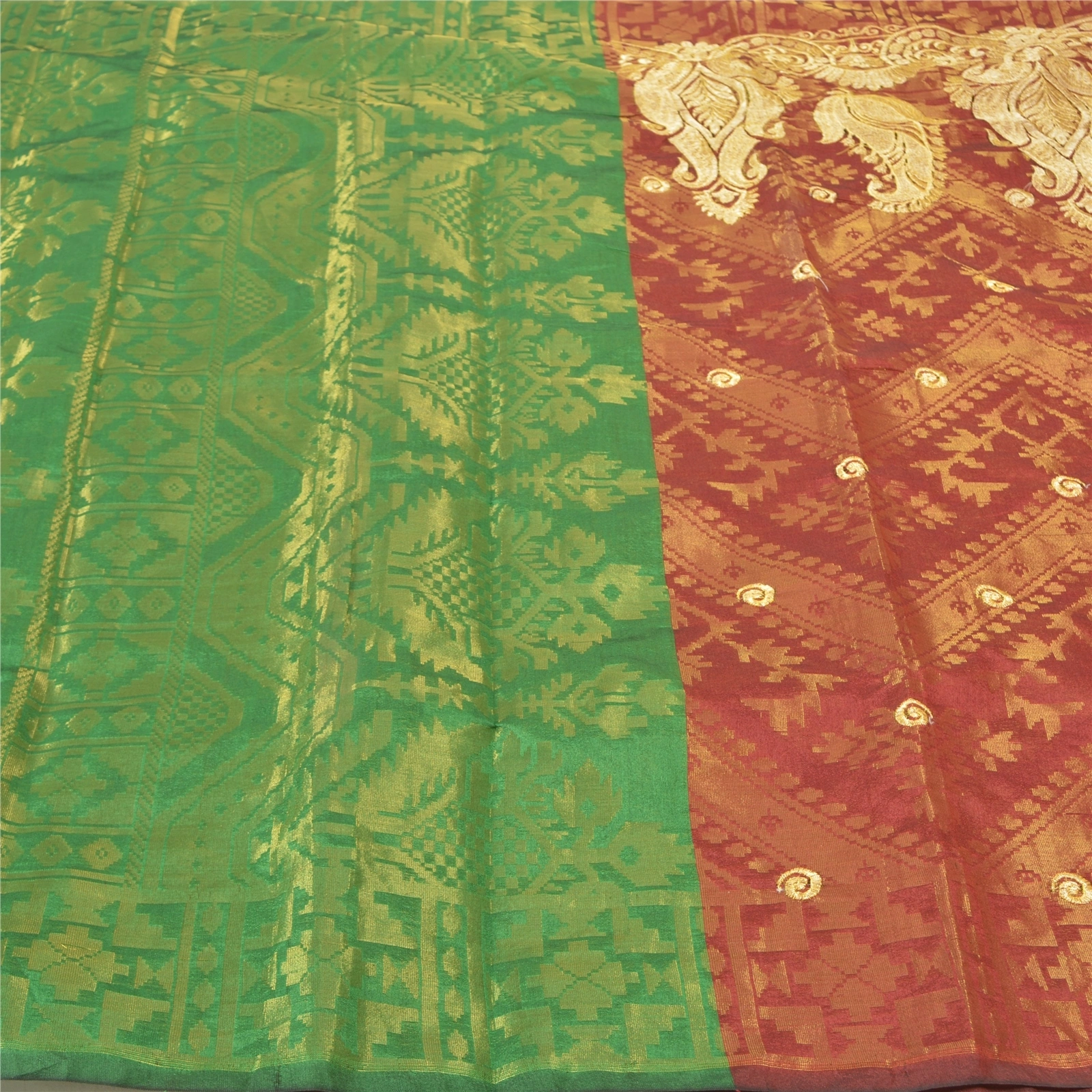 Sanskriti Vintage Red Sarees Art Silk Woven Brocade Dhakai Jamdani Sari Fabric, PS-57206-Shade Of Red &amp; Green-Hand Woven Work-Art (Artificial) Silk-3