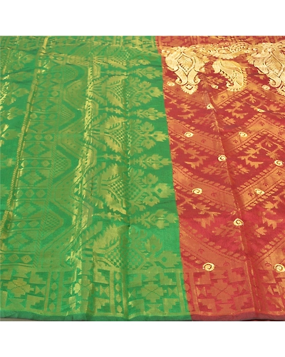 Sanskriti Vintage Red Sarees Art Silk Woven Brocade Dhakai Jamdani Sari Fabric, PS-57206-Shade Of Red &amp; Green-Hand Woven Work-Art (Artificial) Silk-3