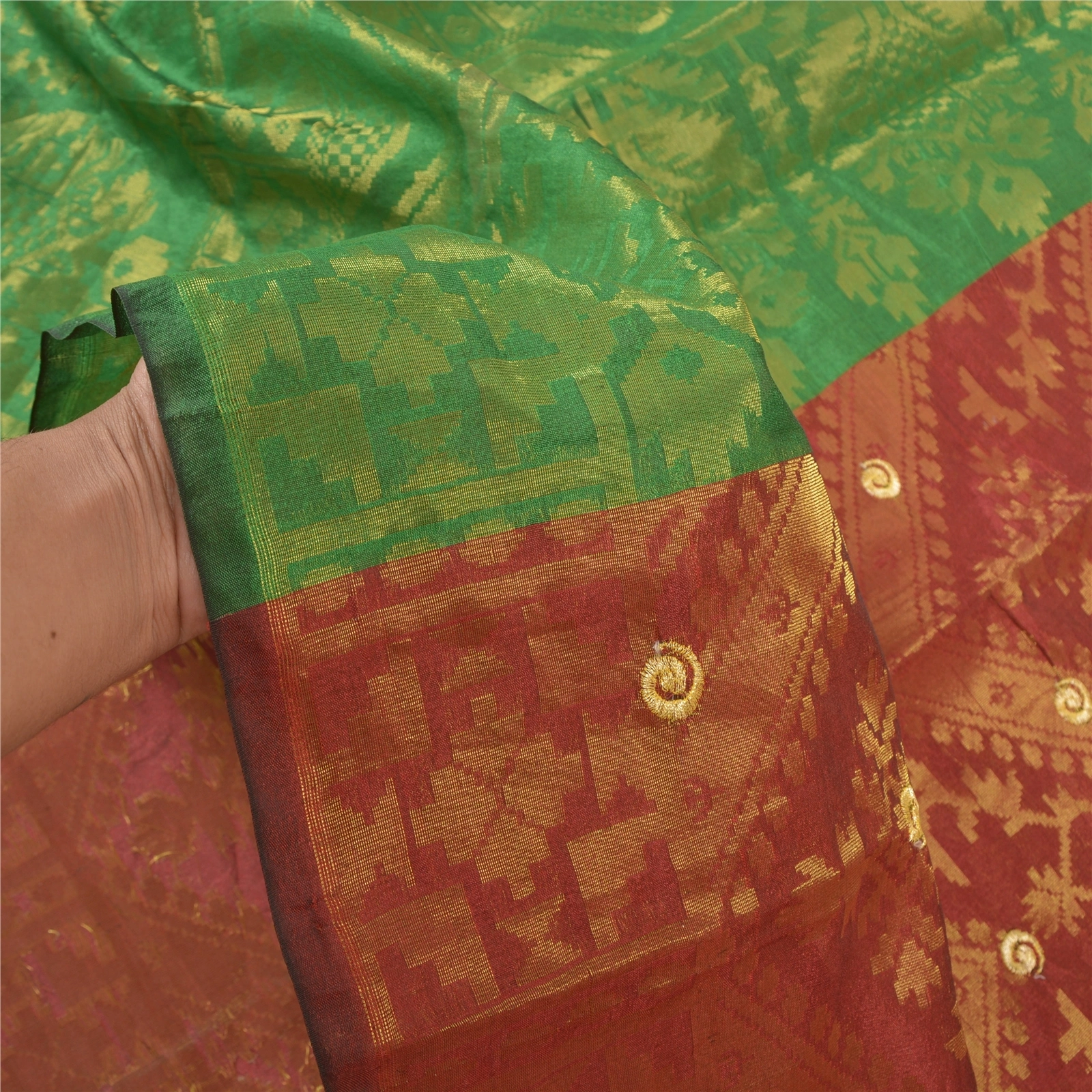 Sanskriti Vintage Red Sarees Art Silk Woven Brocade Dhakai Jamdani Sari Fabric, PS-57206-Shade Of Red &amp; Green-Hand Woven Work-Art (Artificial) Silk-4