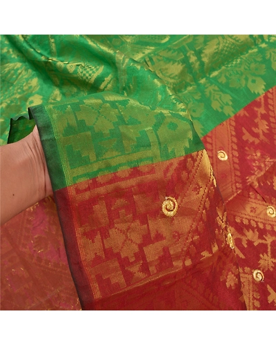 Sanskriti Vintage Red Sarees Art Silk Woven Brocade Dhakai Jamdani Sari Fabric, PS-57206-Shade Of Red &amp; Green-Hand Woven Work-Art (Artificial) Silk-4