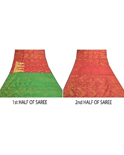 Sanskriti Vintage Red Sarees Art Silk Woven Brocade Dhakai Jamdani Sari Fabric, PS-57206-Shade Of Red &amp; Green-Hand Woven Work-Art (Artificial) Silk-5