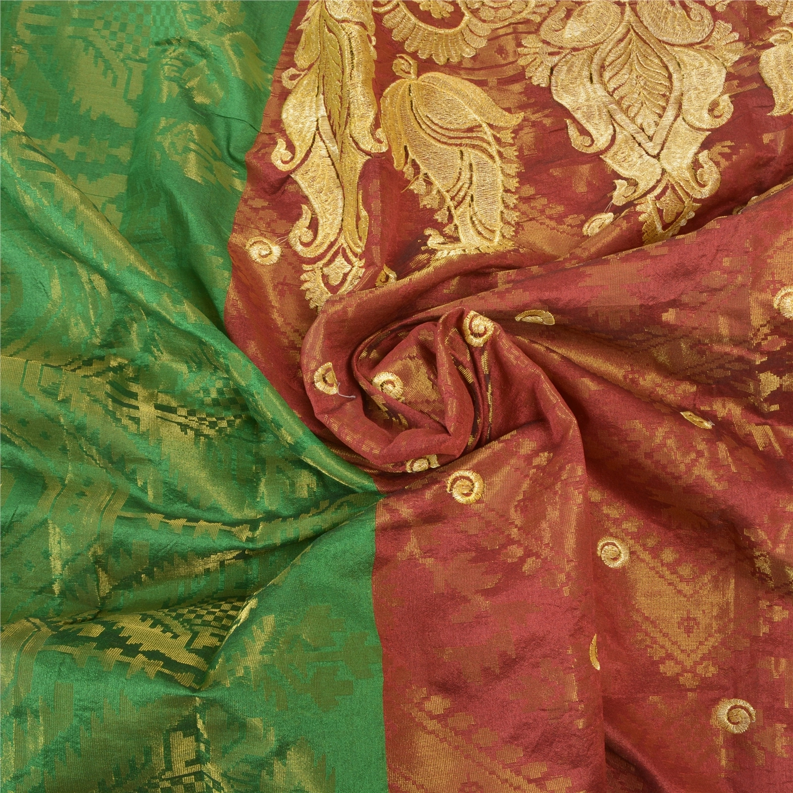 Sanskriti Vintage Red Sarees Art Silk Woven Brocade Dhakai Jamdani Sari Fabric, PS-57206-Shade Of Red &amp; Green-Hand Woven Work-Art (Artificial) Silk-6