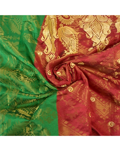 Sanskriti Vintage Red Sarees Art Silk Woven Brocade Dhakai Jamdani Sari Fabric, PS-57206-Shade Of Red &amp; Green-Hand Woven Work-Art (Artificial) Silk-6