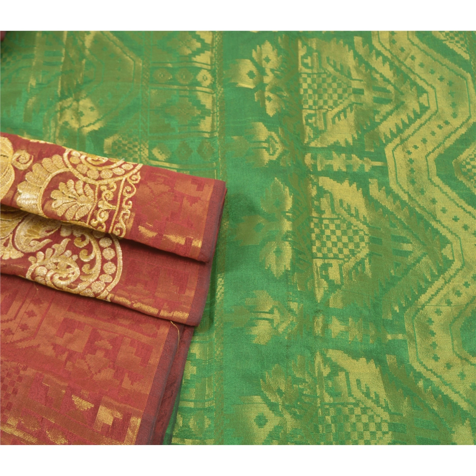 Sanskriti Vintage Red Sarees Art Silk Woven Brocade Dhakai Jamdani Sari Fabric, PS-57206-Shade Of Red &amp; Green-Hand Woven Work-Art (Artificial) Silk-7