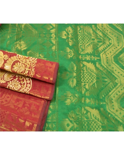 Sanskriti Vintage Red Sarees Art Silk Woven Brocade Dhakai Jamdani Sari Fabric, PS-57206-Shade Of Red &amp; Green-Hand Woven Work-Art (Artificial) Silk-7