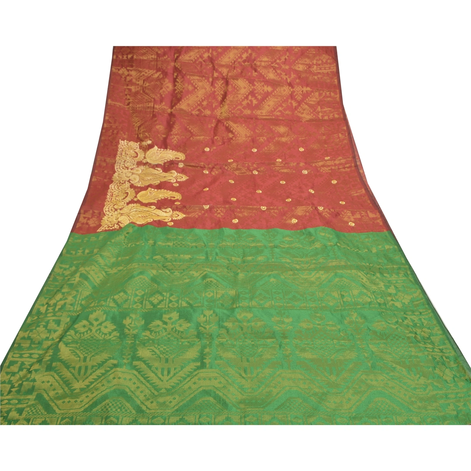 Sanskriti Vintage Red Sarees Art Silk Woven Brocade Dhakai Jamdani Sari Fabric, PS-57206-Shade Of Red &amp; Green-Hand Woven Work-Art (Artificial) Silk-8