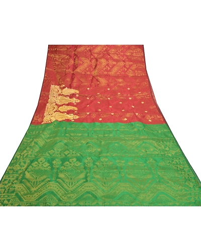 Sanskriti Vintage Red Sarees Art Silk Woven Brocade Dhakai Jamdani Sari Fabric, PS-57206-Shade Of Red &amp; Green-Hand Woven Work-Art (Artificial) Silk-8