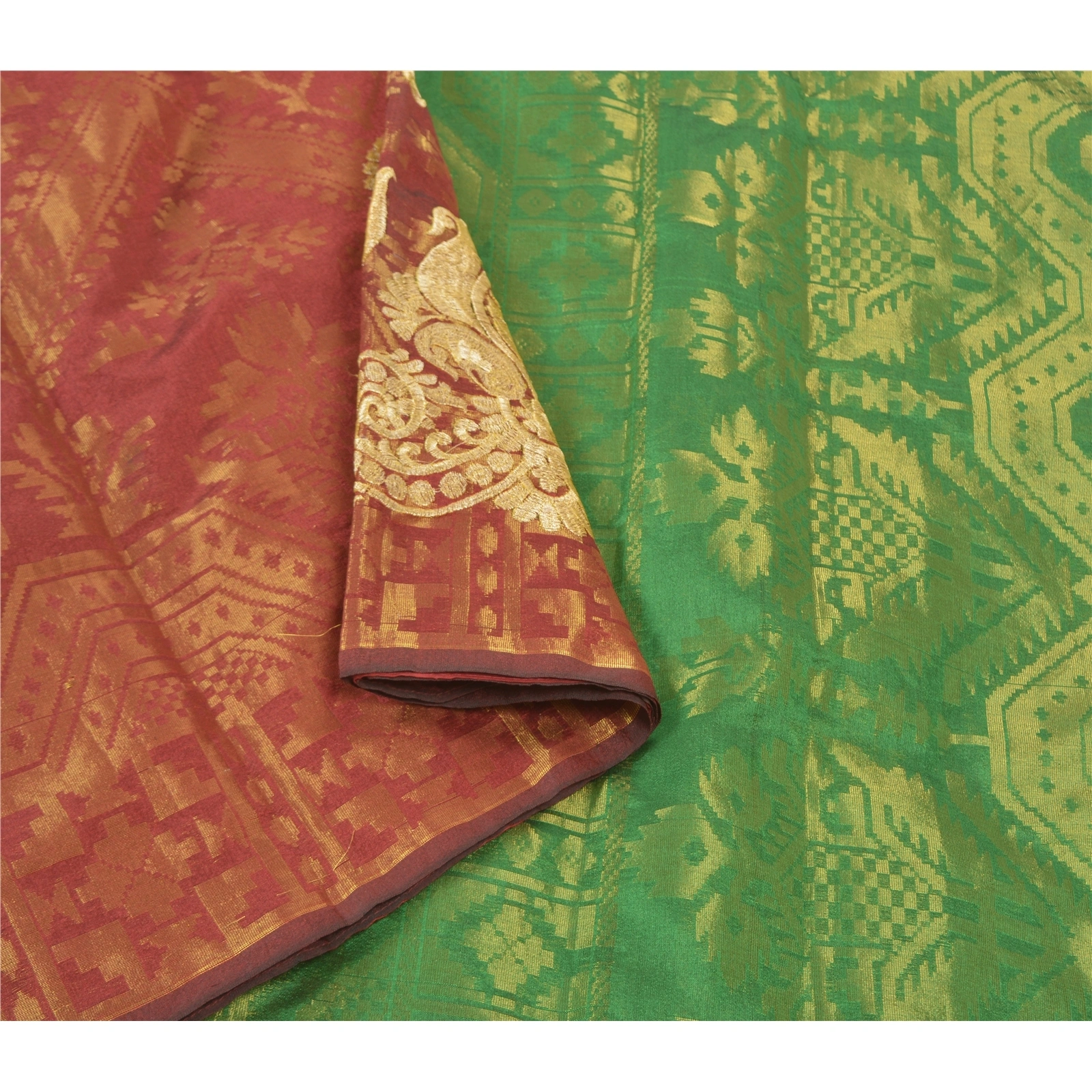 Sanskriti Vintage Red Sarees Art Silk Woven Brocade Dhakai Jamdani Sari Fabric, PS-57206-Shade Of Red &amp; Green-Hand Woven Work-Art (Artificial) Silk-9