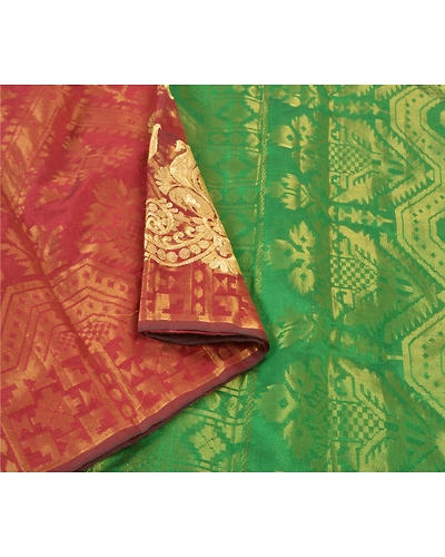 Sanskriti Vintage Red Sarees Art Silk Woven Brocade Dhakai Jamdani Sari Fabric, PS-57206-Shade Of Red &amp; Green-Hand Woven Work-Art (Artificial) Silk-9