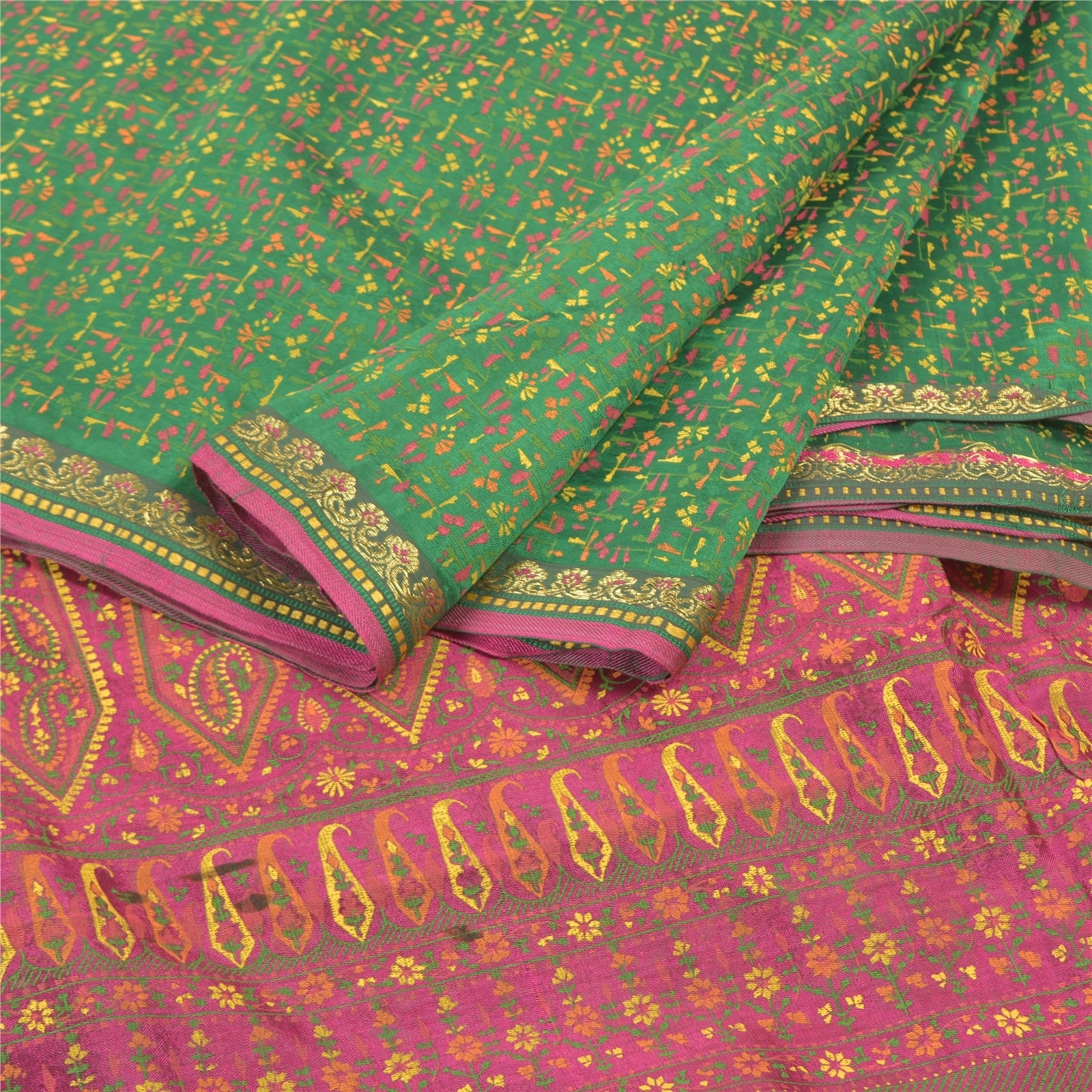 Sanskriti Vintage Green Sarees Pure Silk Green Painted Sari Premium Fabric, PS-57216-Green &amp; Pink-Painted Work-100% Pure Silk-2