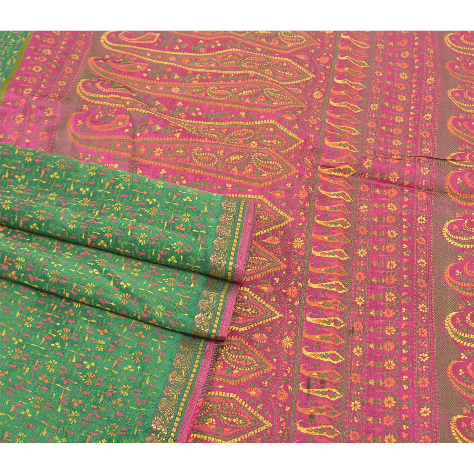 Sanskriti Vintage Green Sarees Pure Silk Green Painted Sari Premium Fabric, PS-57216-Green &amp; Pink-Painted Work-100% Pure Silk-8