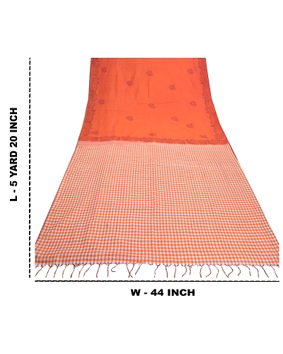 Sanskriti Vintage Sari Blend Cotton Block Printed &amp; Woven Premium Sarees Fabric, PS-57222-Orange-Woven Work-Blend Cotton-1