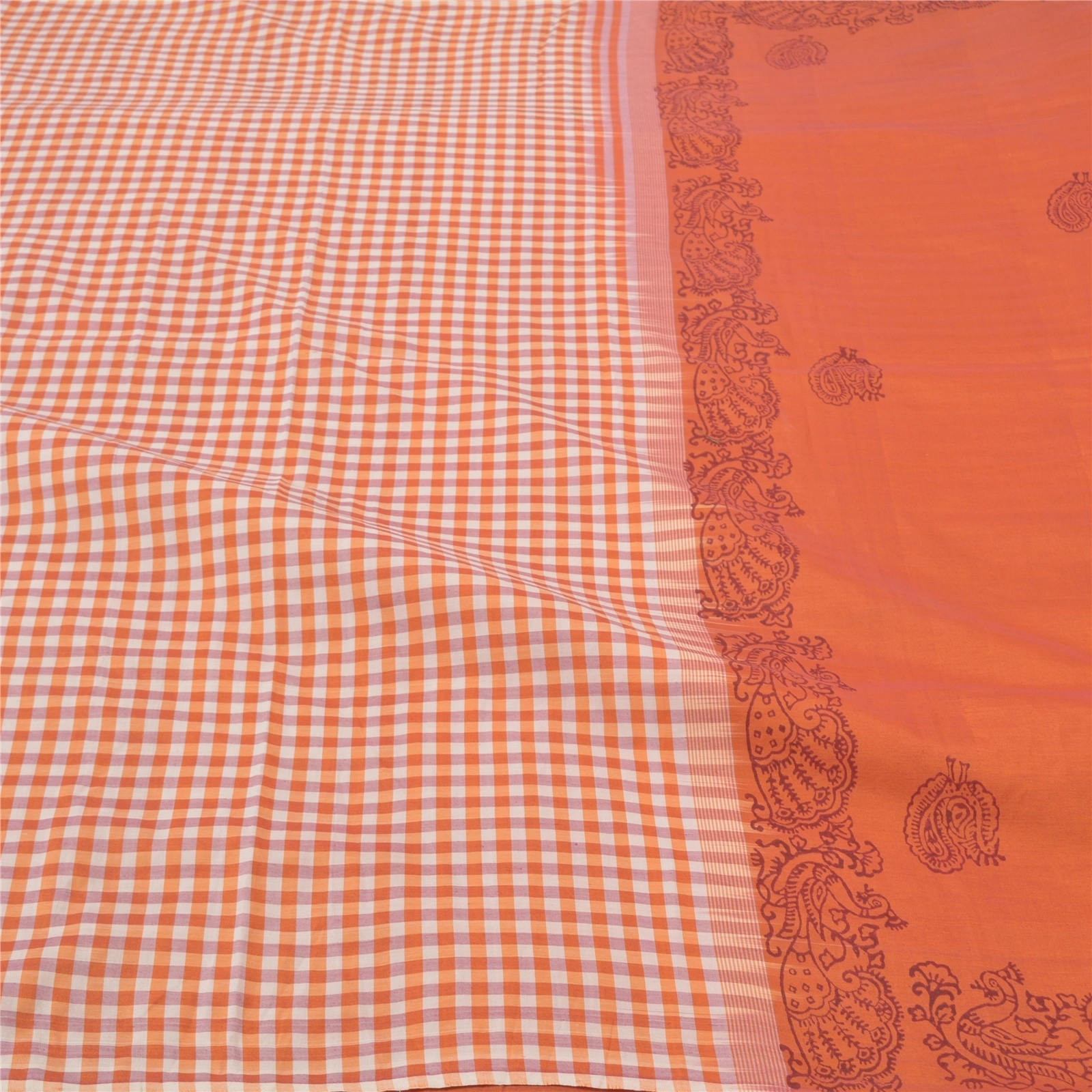 Sanskriti Vintage Sari Blend Cotton Block Printed &amp; Woven Premium Sarees Fabric, PS-57222-Orange-Woven Work-Blend Cotton-3