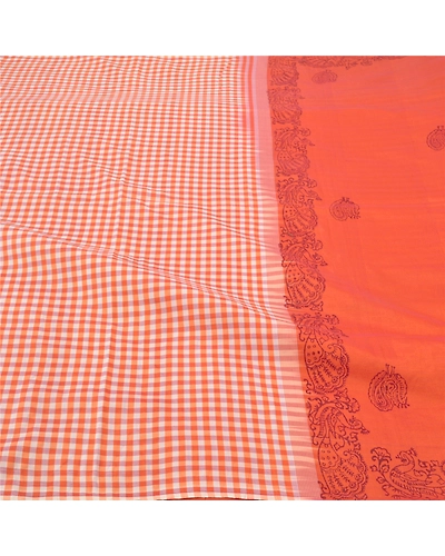 Sanskriti Vintage Sari Blend Cotton Block Printed &amp; Woven Premium Sarees Fabric, PS-57222-Orange-Woven Work-Blend Cotton-3