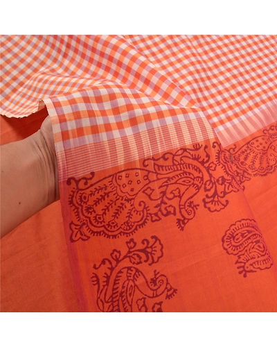 Sanskriti Vintage Sari Blend Cotton Block Printed &amp; Woven Premium Sarees Fabric, PS-57222-Orange-Woven Work-Blend Cotton-4