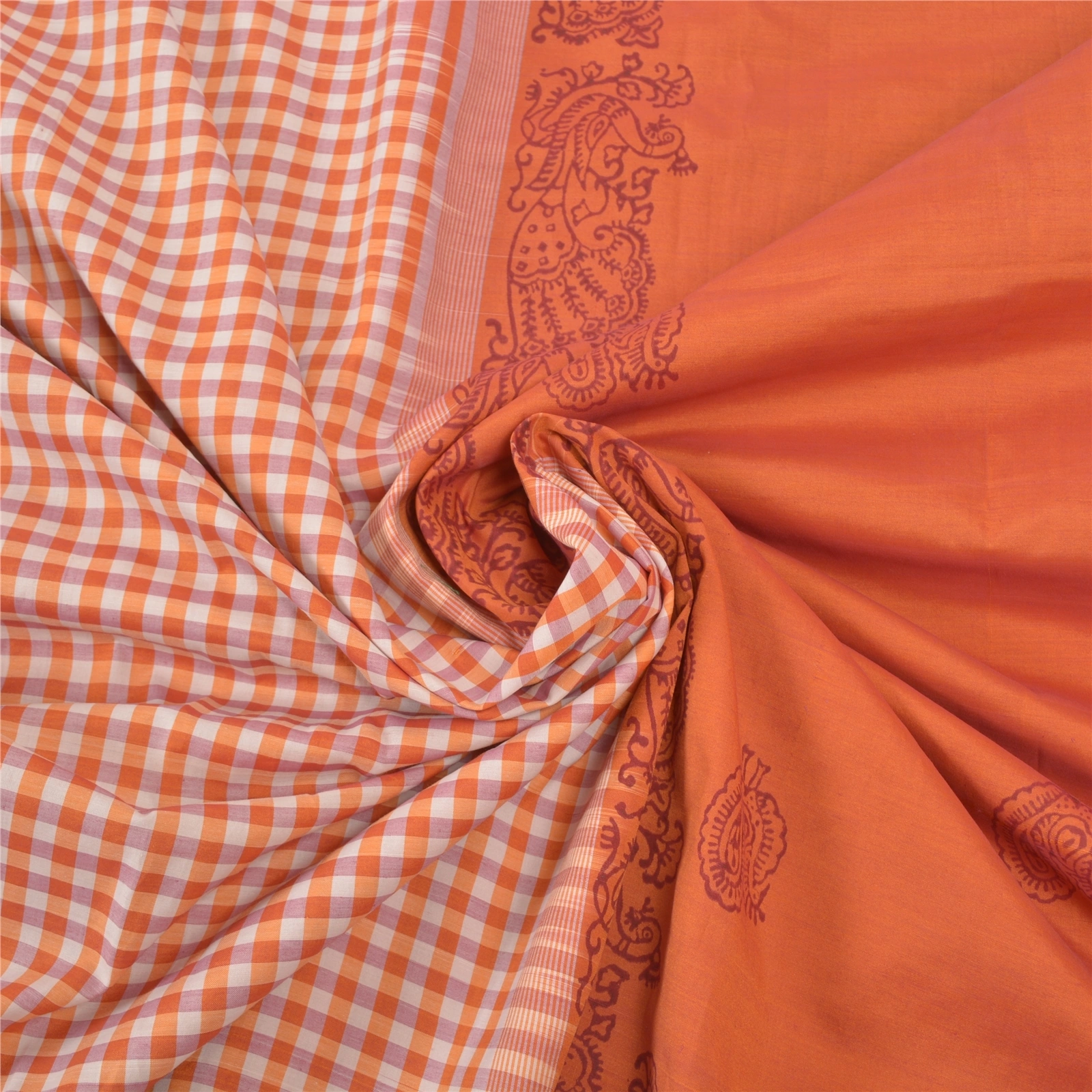 Sanskriti Vintage Sari Blend Cotton Block Printed &amp; Woven Premium Sarees Fabric, PS-57222-Orange-Woven Work-Blend Cotton-6